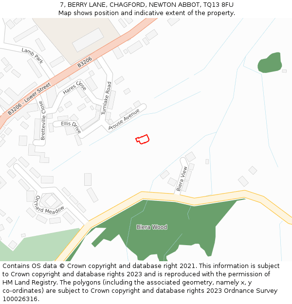 7, BERRY LANE, CHAGFORD, NEWTON ABBOT, TQ13 8FU: Location map and indicative extent of plot