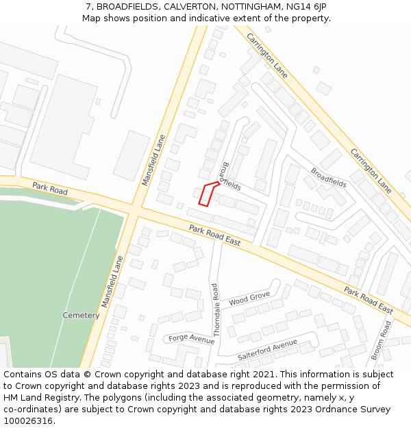 7, BROADFIELDS, CALVERTON, NOTTINGHAM, NG14 6JP: Location map and indicative extent of plot