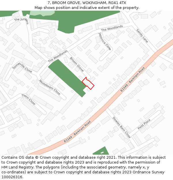 7, BROOM GROVE, WOKINGHAM, RG41 4TX: Location map and indicative extent of plot