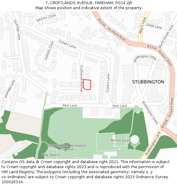 7, CROFTLANDS AVENUE, FAREHAM, PO14 2JR: Location map and indicative extent of plot