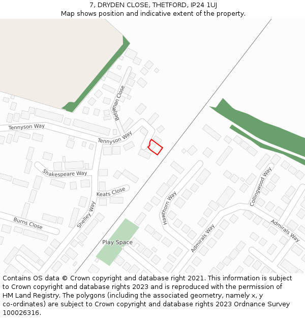 7, DRYDEN CLOSE, THETFORD, IP24 1UJ: Location map and indicative extent of plot