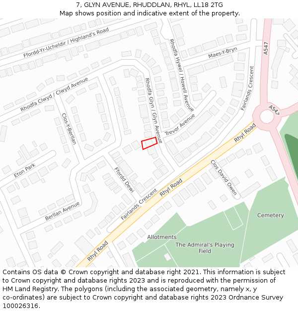 7, GLYN AVENUE, RHUDDLAN, RHYL, LL18 2TG: Location map and indicative extent of plot