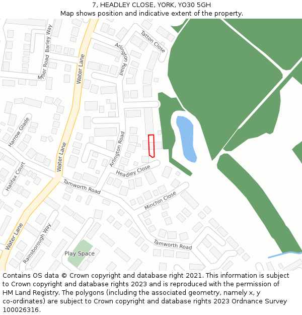 7, HEADLEY CLOSE, YORK, YO30 5GH: Location map and indicative extent of plot