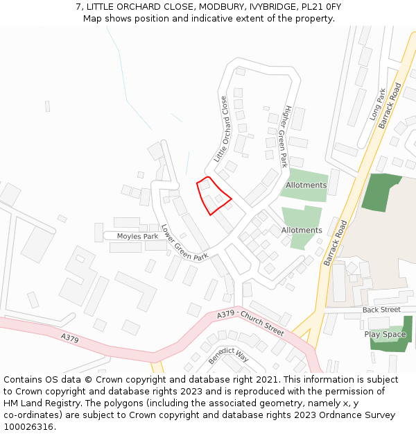 7, LITTLE ORCHARD CLOSE, MODBURY, IVYBRIDGE, PL21 0FY: Location map and indicative extent of plot