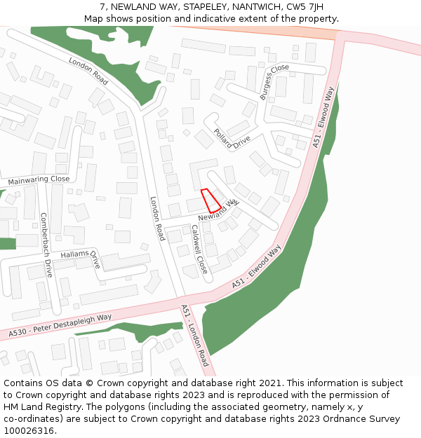 7, NEWLAND WAY, STAPELEY, NANTWICH, CW5 7JH: Location map and indicative extent of plot