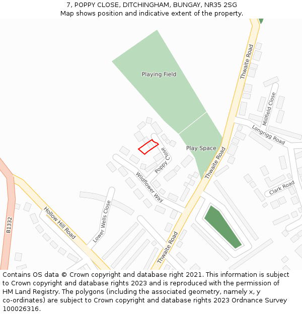 7, POPPY CLOSE, DITCHINGHAM, BUNGAY, NR35 2SG: Location map and indicative extent of plot