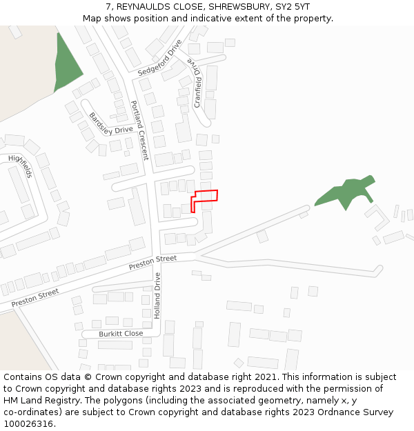 7, REYNAULDS CLOSE, SHREWSBURY, SY2 5YT: Location map and indicative extent of plot