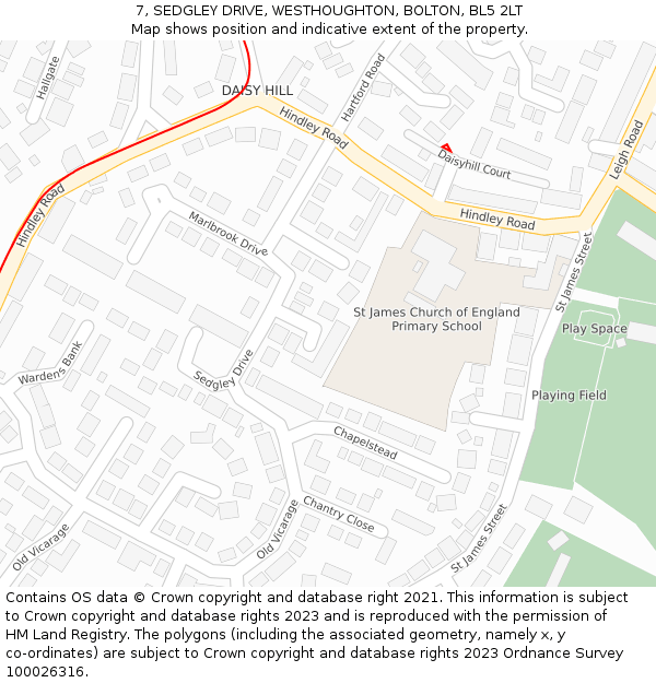 7, SEDGLEY DRIVE, WESTHOUGHTON, BOLTON, BL5 2LT: Location map and indicative extent of plot