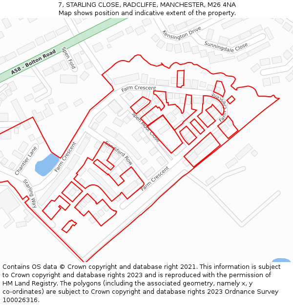 7, STARLING CLOSE, RADCLIFFE, MANCHESTER, M26 4NA: Location map and indicative extent of plot