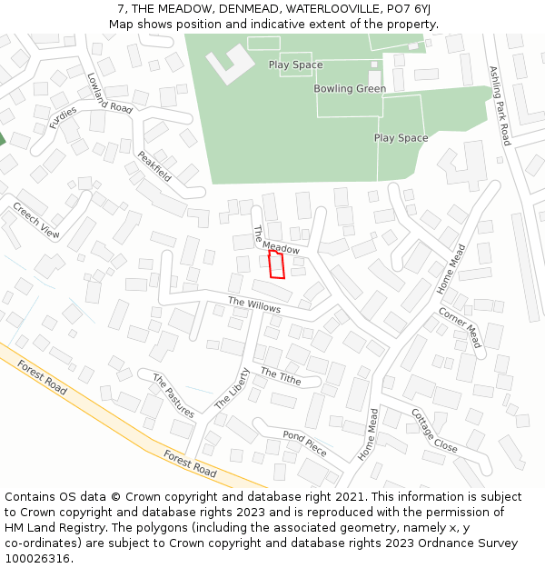 7, THE MEADOW, DENMEAD, WATERLOOVILLE, PO7 6YJ: Location map and indicative extent of plot