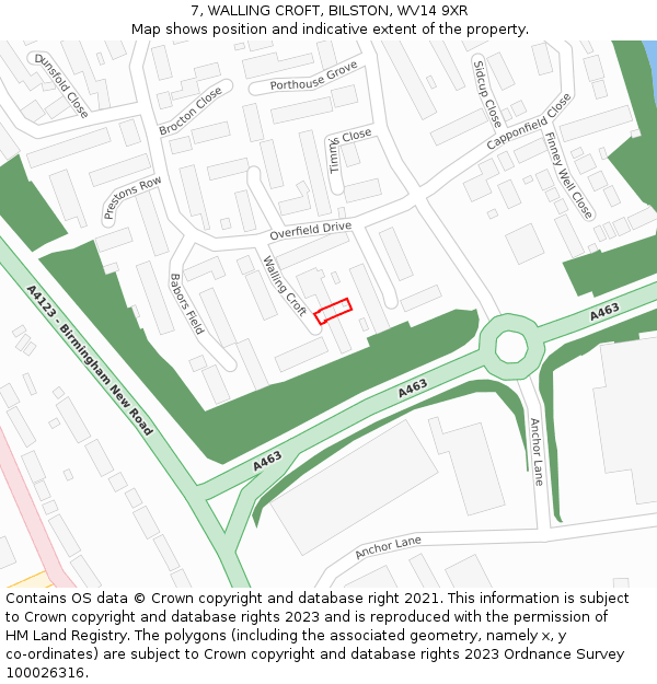 7, WALLING CROFT, BILSTON, WV14 9XR: Location map and indicative extent of plot