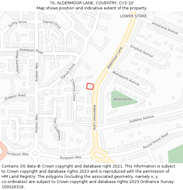 70, ALDERMOOR LANE, COVENTRY, CV3 1JY: Location map and indicative extent of plot