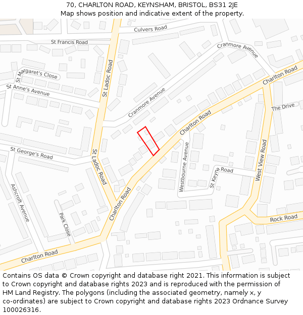 70, CHARLTON ROAD, KEYNSHAM, BRISTOL, BS31 2JE: Location map and indicative extent of plot