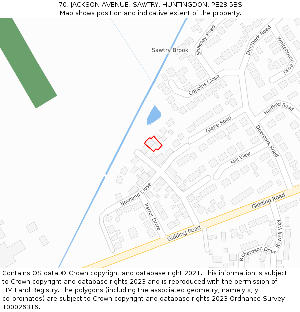 70, JACKSON AVENUE, SAWTRY, HUNTINGDON, PE28 5BS: Location map and indicative extent of plot