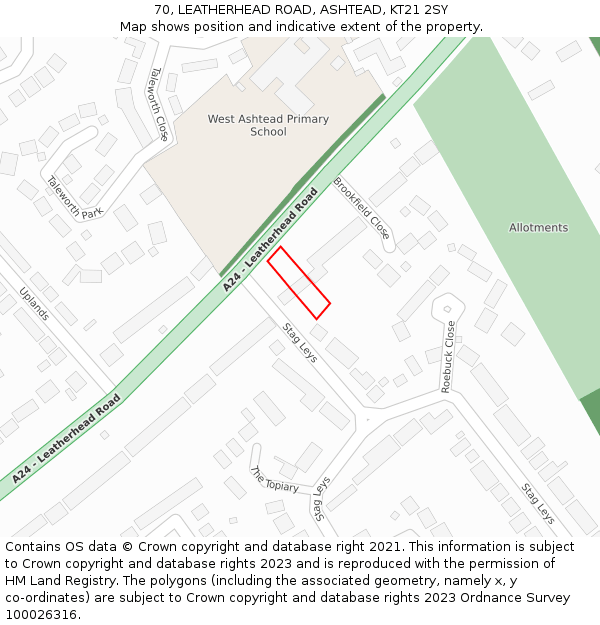 70, LEATHERHEAD ROAD, ASHTEAD, KT21 2SY: Location map and indicative extent of plot