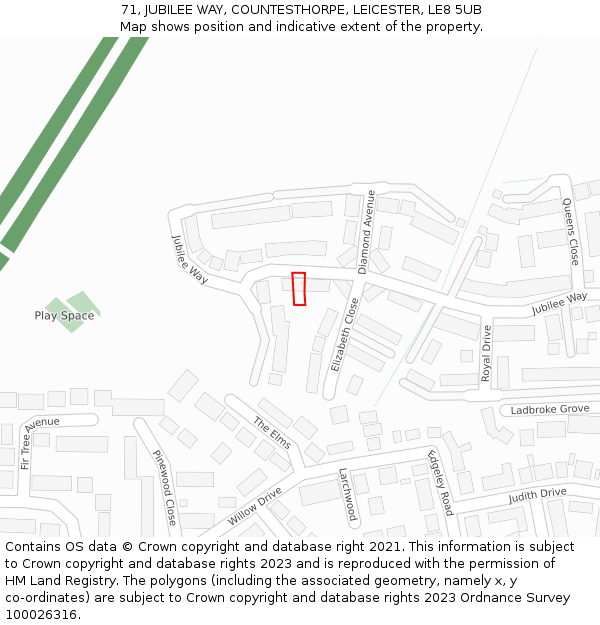 71, JUBILEE WAY, COUNTESTHORPE, LEICESTER, LE8 5UB: Location map and indicative extent of plot