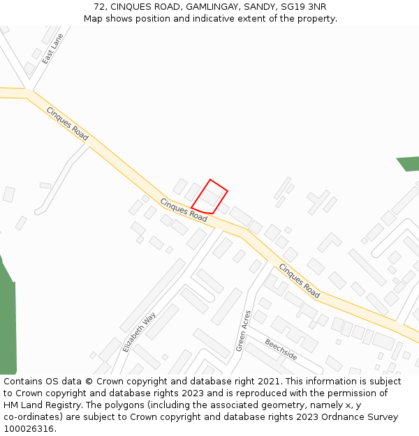 72, CINQUES ROAD, GAMLINGAY, SANDY, SG19 3NR: Location map and indicative extent of plot