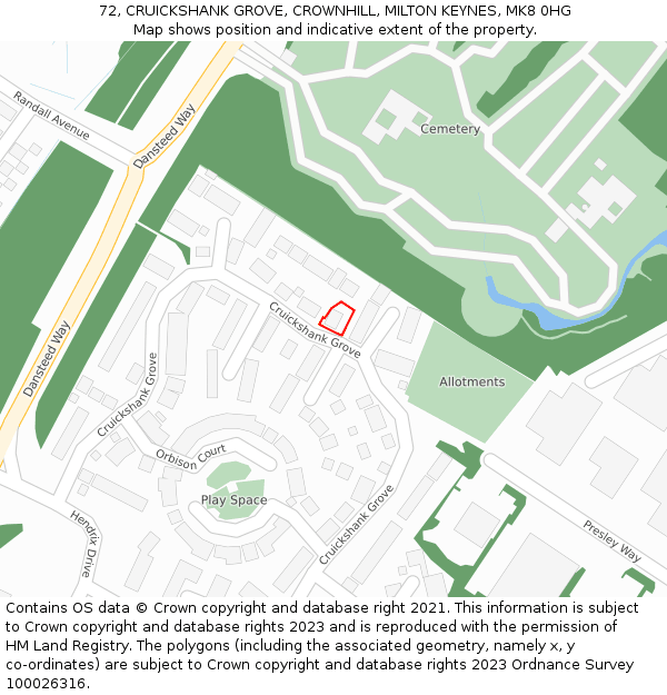 72, CRUICKSHANK GROVE, CROWNHILL, MILTON KEYNES, MK8 0HG: Location map and indicative extent of plot