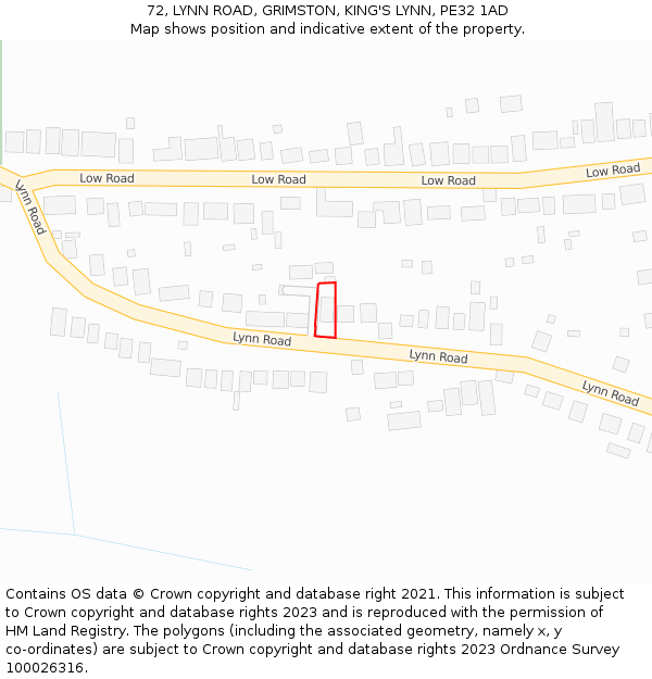 72, LYNN ROAD, GRIMSTON, KING'S LYNN, PE32 1AD: Location map and indicative extent of plot