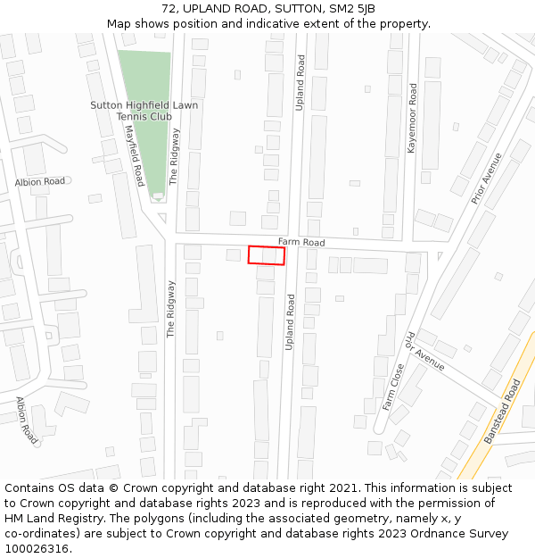 72, UPLAND ROAD, SUTTON, SM2 5JB: Location map and indicative extent of plot