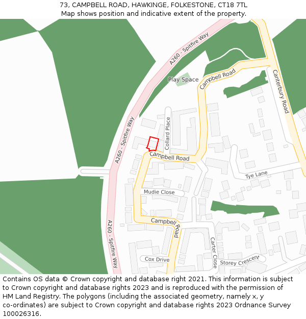 73, CAMPBELL ROAD, HAWKINGE, FOLKESTONE, CT18 7TL: Location map and indicative extent of plot