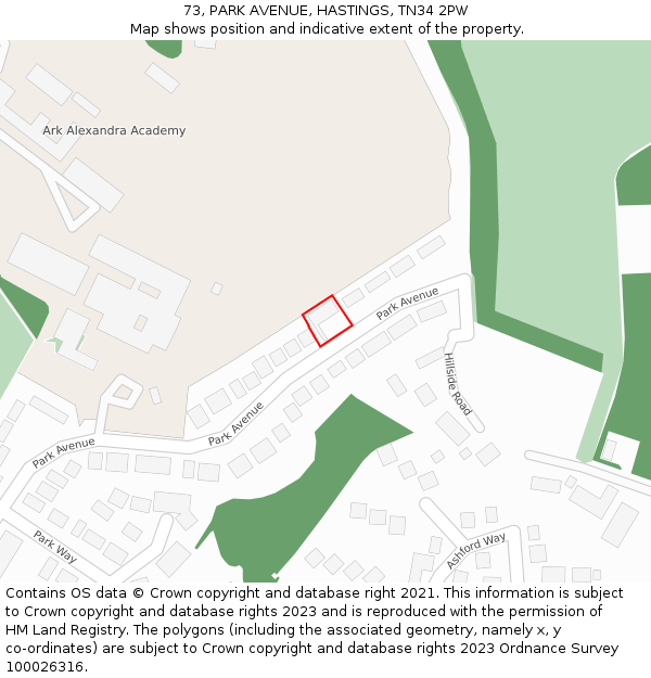 73, PARK AVENUE, HASTINGS, TN34 2PW: Location map and indicative extent of plot