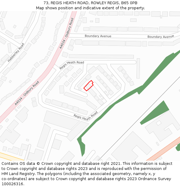 73, REGIS HEATH ROAD, ROWLEY REGIS, B65 0PB: Location map and indicative extent of plot