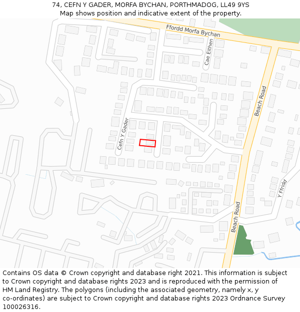 74, CEFN Y GADER, MORFA BYCHAN, PORTHMADOG, LL49 9YS: Location map and indicative extent of plot