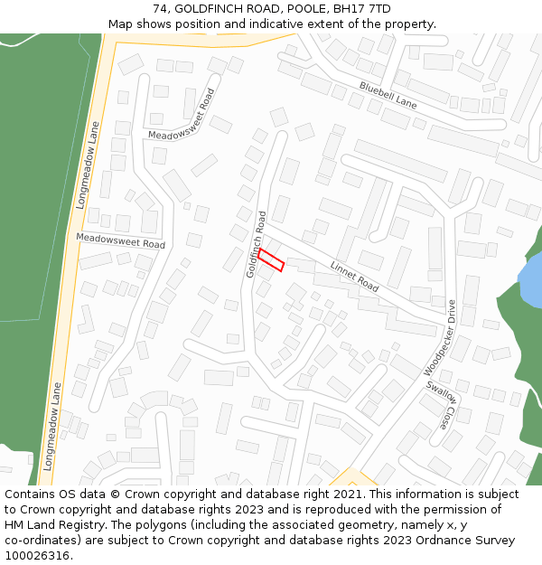 74, GOLDFINCH ROAD, POOLE, BH17 7TD: Location map and indicative extent of plot