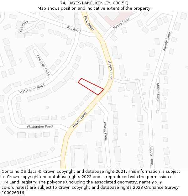 74, HAYES LANE, KENLEY, CR8 5JQ: Location map and indicative extent of plot