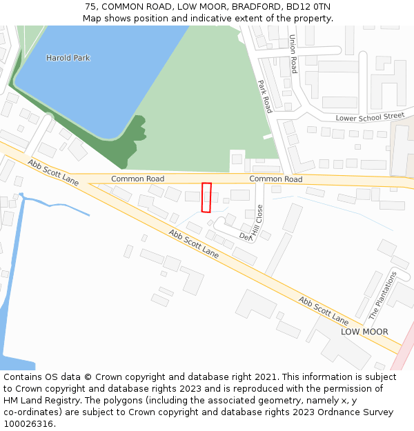 75, COMMON ROAD, LOW MOOR, BRADFORD, BD12 0TN: Location map and indicative extent of plot