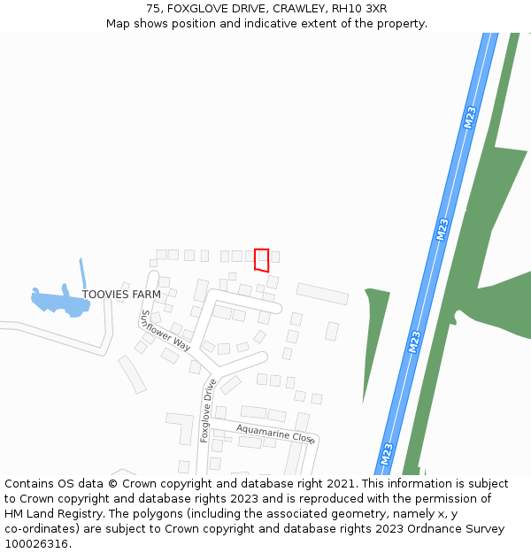 75, FOXGLOVE DRIVE, CRAWLEY, RH10 3XR: Location map and indicative extent of plot