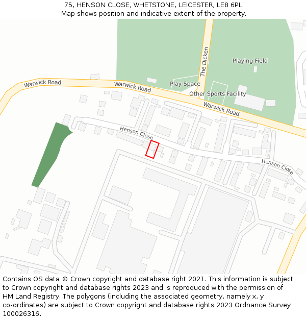 75, HENSON CLOSE, WHETSTONE, LEICESTER, LE8 6PL: Location map and indicative extent of plot