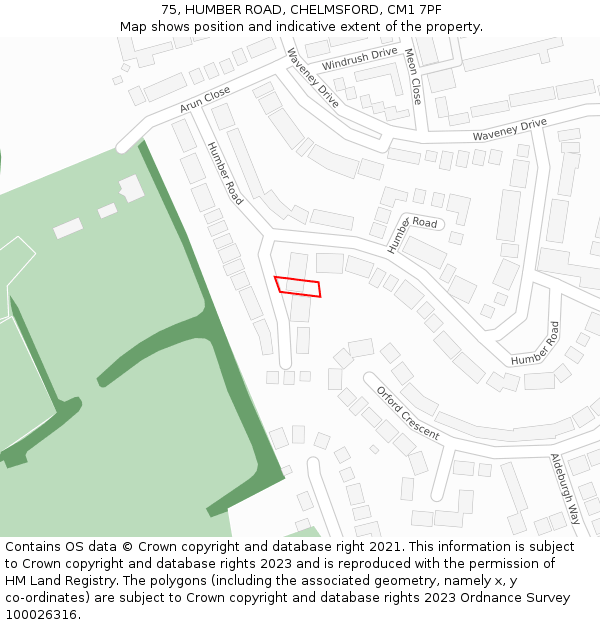 75, HUMBER ROAD, CHELMSFORD, CM1 7PF: Location map and indicative extent of plot