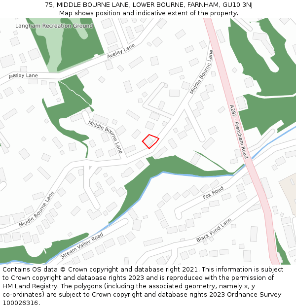 75, MIDDLE BOURNE LANE, LOWER BOURNE, FARNHAM, GU10 3NJ: Location map and indicative extent of plot