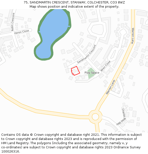 75, SANDMARTIN CRESCENT, STANWAY, COLCHESTER, CO3 8WZ: Location map and indicative extent of plot