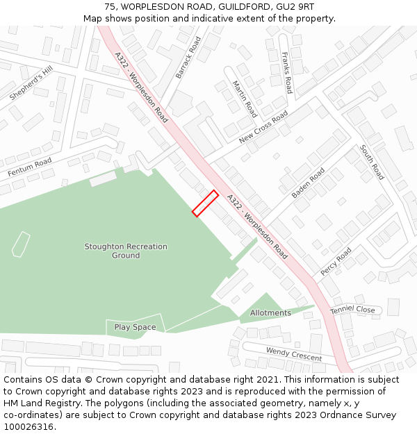 75, WORPLESDON ROAD, GUILDFORD, GU2 9RT: Location map and indicative extent of plot