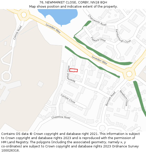 76, NEWMARKET CLOSE, CORBY, NN18 8QH: Location map and indicative extent of plot