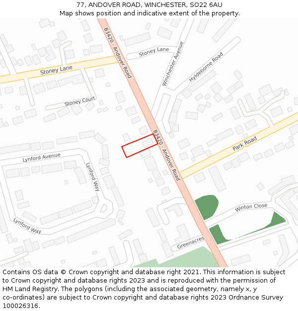 77, ANDOVER ROAD, WINCHESTER, SO22 6AU: Location map and indicative extent of plot