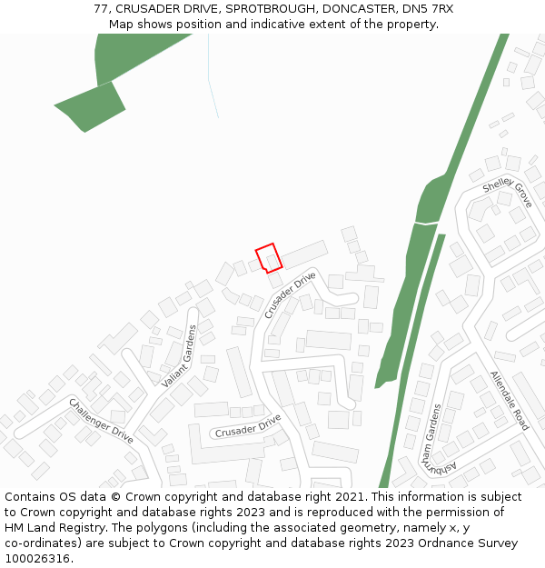 77, CRUSADER DRIVE, SPROTBROUGH, DONCASTER, DN5 7RX: Location map and indicative extent of plot