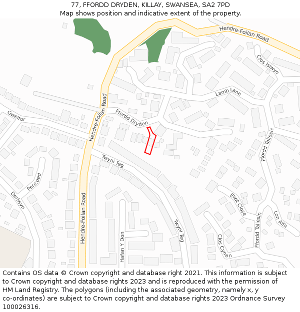 77, FFORDD DRYDEN, KILLAY, SWANSEA, SA2 7PD: Location map and indicative extent of plot