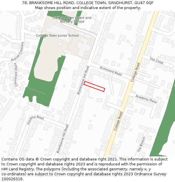 78, BRANKSOME HILL ROAD, COLLEGE TOWN, SANDHURST, GU47 0QF: Location map and indicative extent of plot