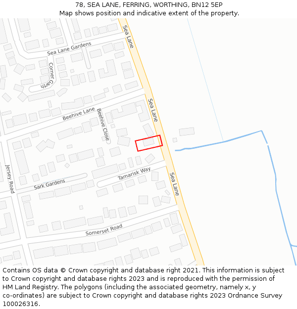 78, SEA LANE, FERRING, WORTHING, BN12 5EP: Location map and indicative extent of plot