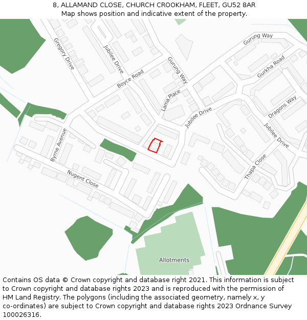 8, ALLAMAND CLOSE, CHURCH CROOKHAM, FLEET, GU52 8AR: Location map and indicative extent of plot