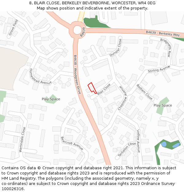 8, BLAIR CLOSE, BERKELEY BEVERBORNE, WORCESTER, WR4 0EG: Location map and indicative extent of plot