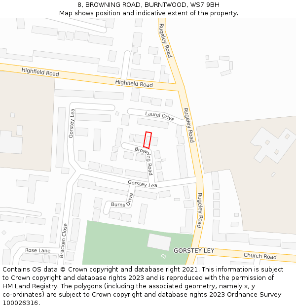 8, BROWNING ROAD, BURNTWOOD, WS7 9BH: Location map and indicative extent of plot