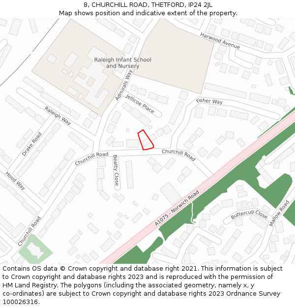 8, CHURCHILL ROAD, THETFORD, IP24 2JL: Location map and indicative extent of plot