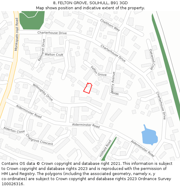 8, FELTON GROVE, SOLIHULL, B91 3GD: Location map and indicative extent of plot