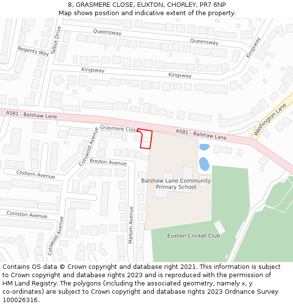 8, GRASMERE CLOSE, EUXTON, CHORLEY, PR7 6NP: Location map and indicative extent of plot