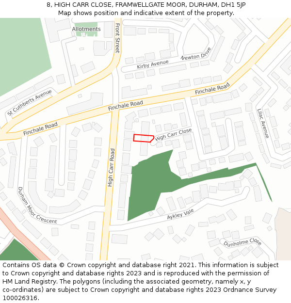 8, HIGH CARR CLOSE, FRAMWELLGATE MOOR, DURHAM, DH1 5JP: Location map and indicative extent of plot